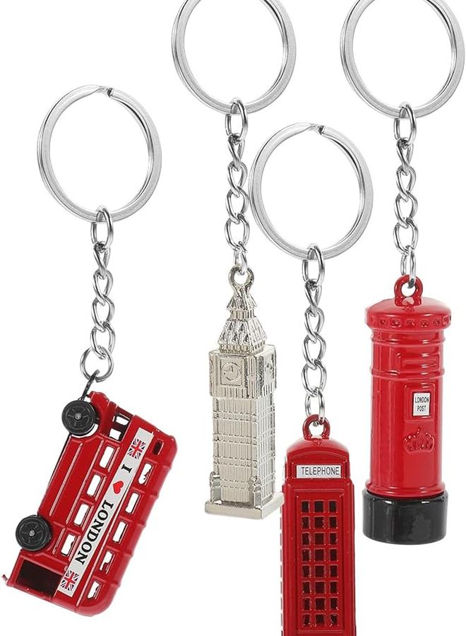 STOBAZA 4pcs British Keychain Charm Set Zinc Alloy Red Bus Telephone Box Clock Design - Image 1